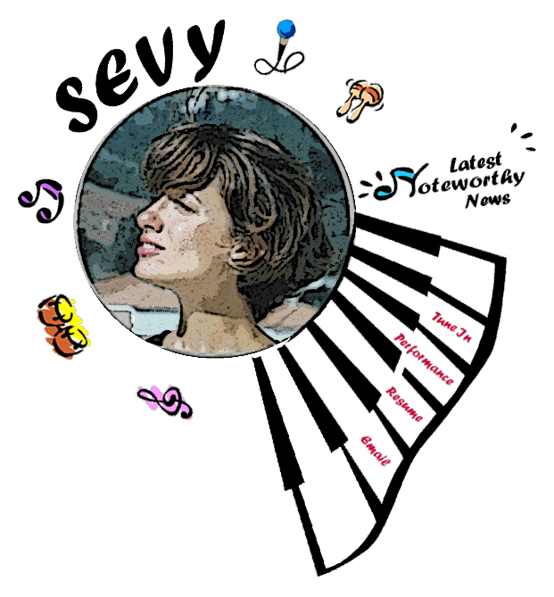 Round Sylistic picture of Sevy's face. 
Instruments around the image with a keyboard interface to her site.